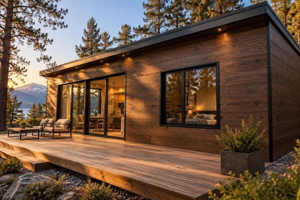 Cabaña de steel frame con metal siding Madera Chocolate