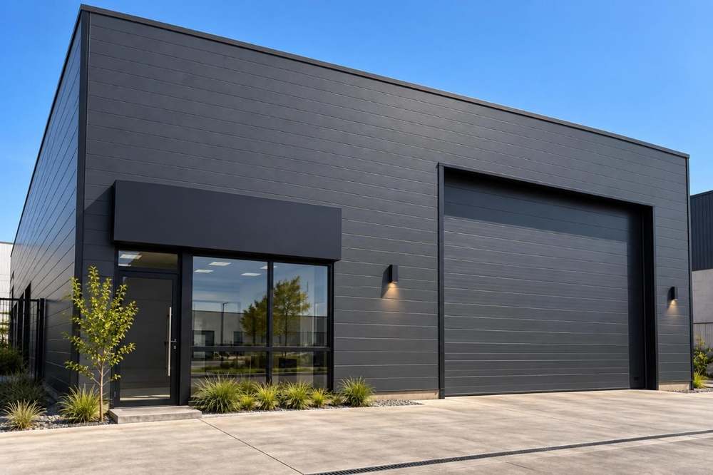 Galpón industrial con metal siding Gris Oscuro